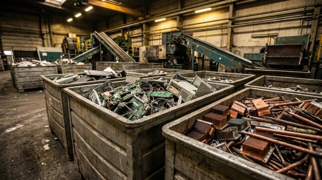 Industrial containers filled with electronic waste and copper components at a recycling facility