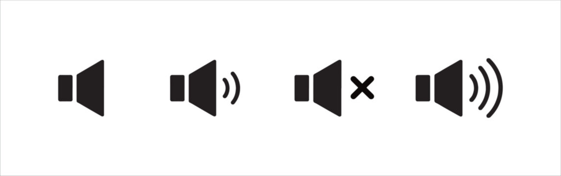 Speaker volume audio icons set showing mute low medium and high sound levels for media players and system sound control settings.