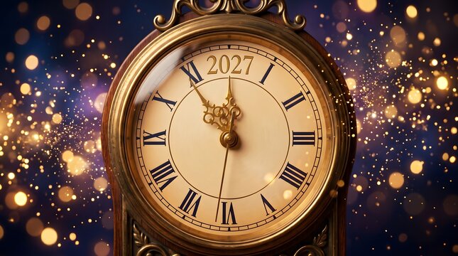 An ornate vintage gold clock face showing the time close to midnight surrounded by a magical glowing bokeh background of festive lights and sparkles