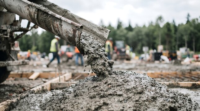 Industrial construction site with heavy machinery pouring wet concrete for a new building foundation project