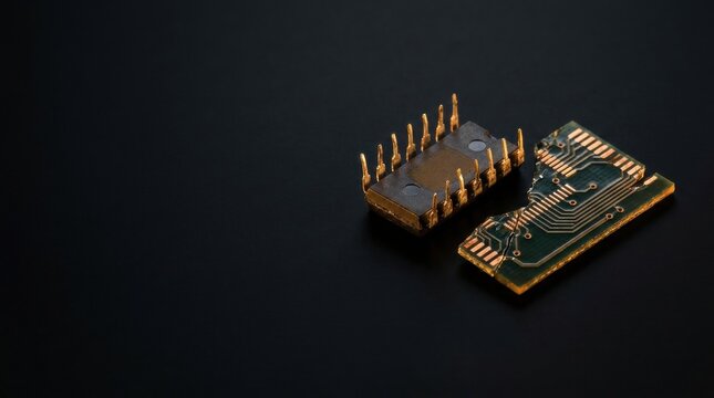 Two integrated circuits one intact and one broken lie on a dark surface showcasing electronic components