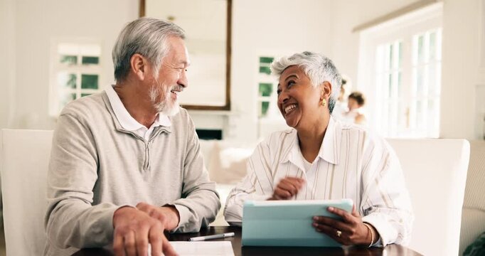 Smile, old couple and high five at house with tablet, good news and success of retirement savings. Laugh, senior people and email in home with tech, celebration and debt free for financial freedom