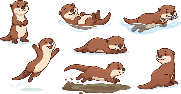 Cute cartoon otter character poses vector illustration set showing swimming jumping eating fish sleeping and playing isolated on white background