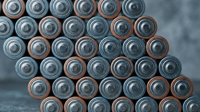 Close up shot of a stack of cylindrical batteries with metallic blue and copper colored casings