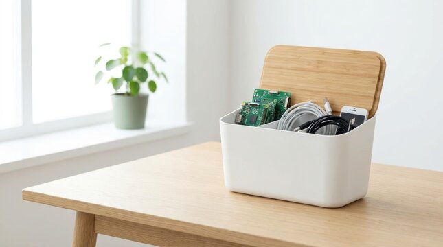 White storage box with bamboo lid filled with electronic components and cables energy storage