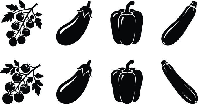 Silhouette vector set of fresh vegetables tomatoes eggplant bell pepper and zucchini isolated on white