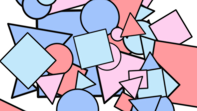 Soft pastel colored geometric pattern featuring circles and squares with various triangular shapes on black
