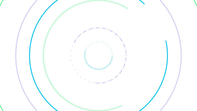 Tech inspired abstract composition with layered concentric orbits of blue and green binary data streams