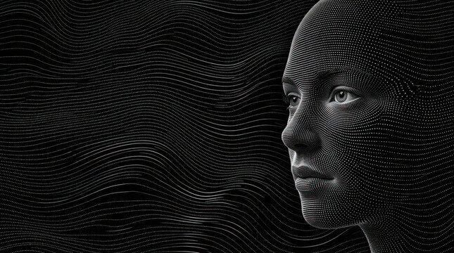 Human face profile constructed from glowing digital dot matrix lines on generated using ai