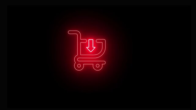 Red glowing neon shopping cart outline on a black background an of a glows against dark background