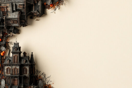 Spooky halloween haunted house miniatures border on light background with space for text