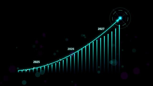 Futuristic growth chart 2027 with glowing bars and trend Line hitting target analytics tech background