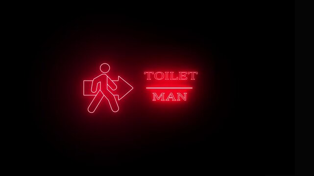 Red neon sign pointing the way to a men toilet restroom facility bright showing a walking man silhouette and directional arrow