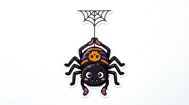 Cute cartoon spider hanging from a web