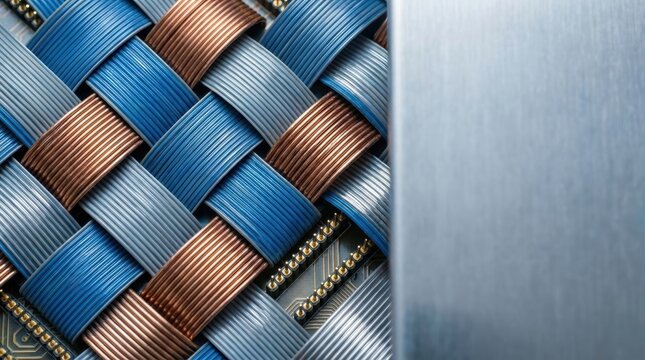 Woven electrical cables in blue gray and copper colors interlace over a circuit board