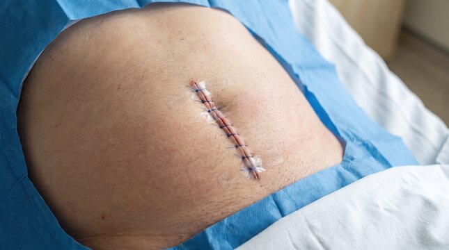 Abdominal surgical wound with blue sutures and clear tape strips.