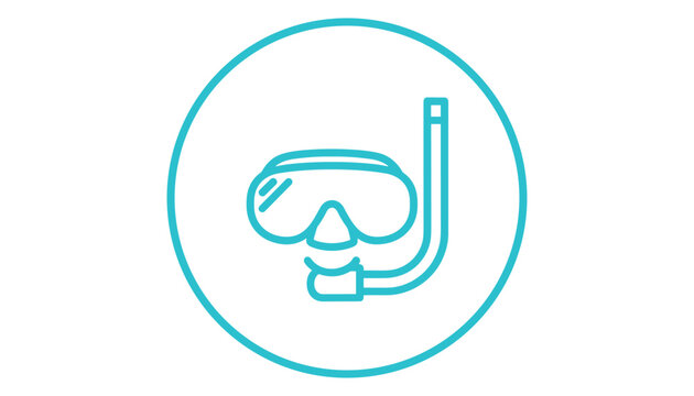 Teal outline icon of scuba diving mask with snorkel inside a thin circle isolated on white background.