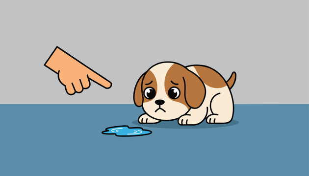 Sad puppy looking down with big eyes as a hand points accusingly at a wet puddle on the blue floor representing pet potty training lessons.