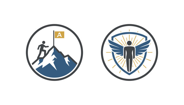 Set of two round success icons featuring a mountain climber reaching the peak and a winged hero with a shield.