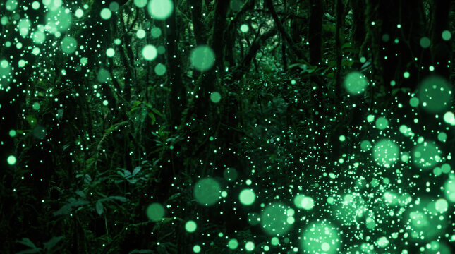 Magical green forest landscape illuminated by glowing fireflies and sparkling generated using ai