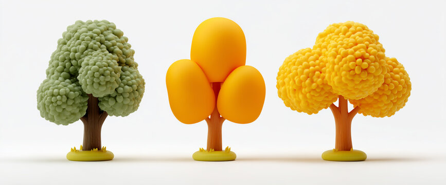 Three colorful 3d stylized trees in green and yellow