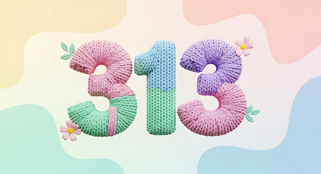 Charming knitted numbers 313 in pastel shades, decorated with flowers and leaves, ideal for joyful announcements.