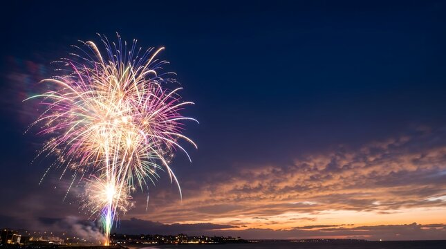 A vibrant display of colorful fireworks exploding in the night sky above a scenic horizon during a beautiful golden hour sunset with soft clouds