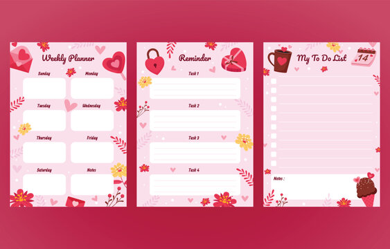 Floral ornament planner pages showcase weekly schedules reminders and to do lists in a pink color scheme