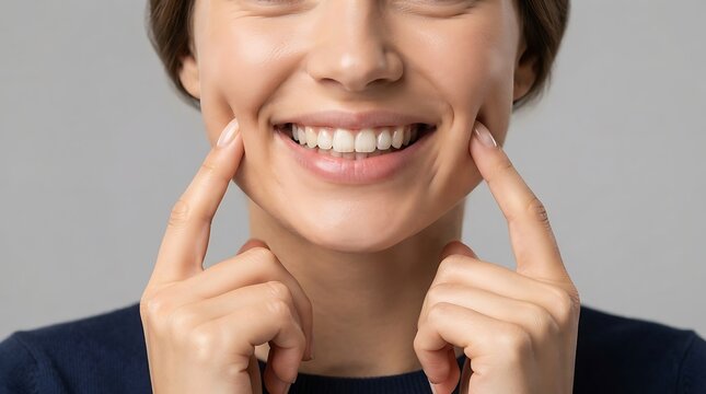 Close up of a smiling woman pointing to her dimples