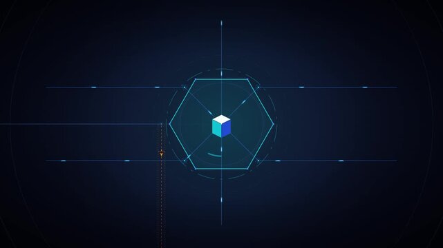 Futuristic hud interface with rotating 3D cube and digital scanning data overlay