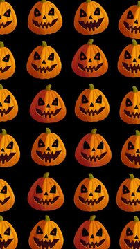 Halloween pumpkin, spooky hand-painted Jack O'Lantern pattern loop, creepy evil laughing heads with fiery glowing eyes on a black background, 4K vertical animated pattern.