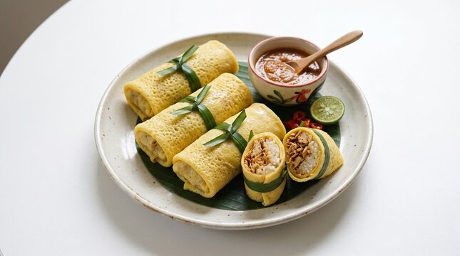 Indonesian semar mendem, glutinous sticky rice rolls with shredded chicken in egg crepe tied with pandan leaves, served with peanut sauce and lime on ceramic plate, side view white background.