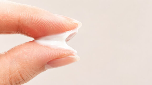 Female fingers with white cosmetic cream texture close up. Skincare moisturizer sample between fingers. Beauty product demo, lotion consistency test. Hydration and body care concept with copy space.