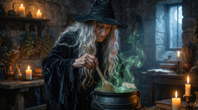 Ancient witch stirring a magical green potion in a dark candlelit stone cottage kitchen