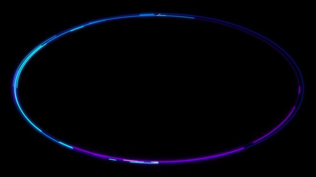 Neon glowing ellipse frame with pulsing light effect on black background, circle
