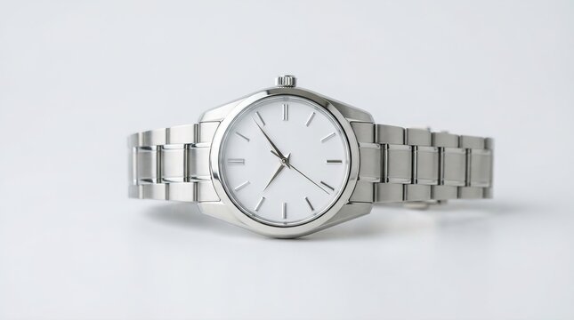 Elegant Silver Analog Wristwatch with Metal Bracelet Isolated on White Background
