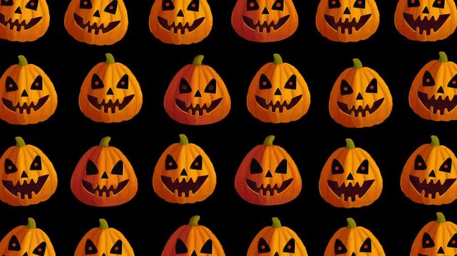 Halloween spooky hand-painted Jack O'Lantern pumpkin pattern loop, creepy evil laughing heads with fiery glowing eyes on a black background, 4K horizontal animation.