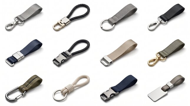 Set of Twelve Modern Keychains and Lanyard Straps with Various Metal Clips Isolated on White Background