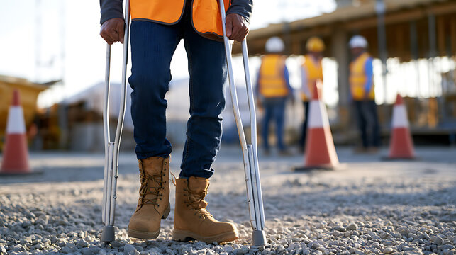 Injured construction worker with crutches stand on a building site, recovery after industrial accident and workplace injury compensation concept