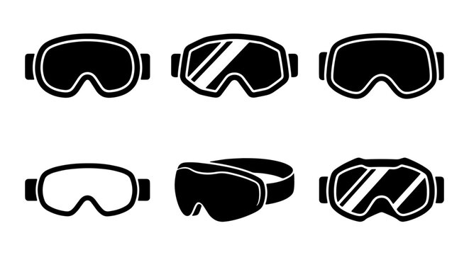 Ski Goggles Vector Icons, Snowboard Goggles Set, Winter Sports Eyewear Graphics, Protective Gear Illustrations, Black and White