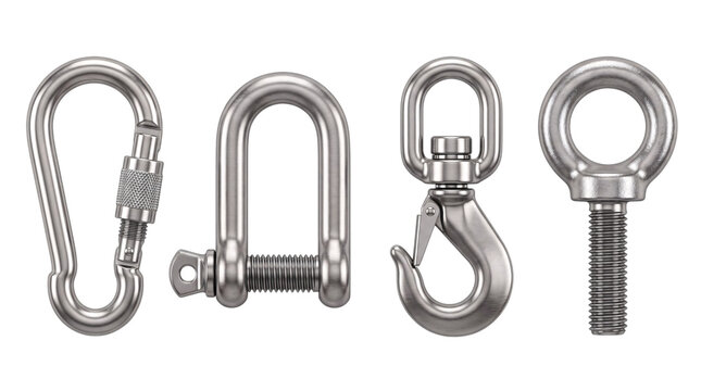 Assortment of metal hardware: carabiner, d-shackle, swivel hook, eye bolt png on isolated transparent background