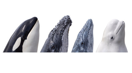 Close-up portraits of four different whale species heads against a dark png on isolated transparent background © PNG Studio 99