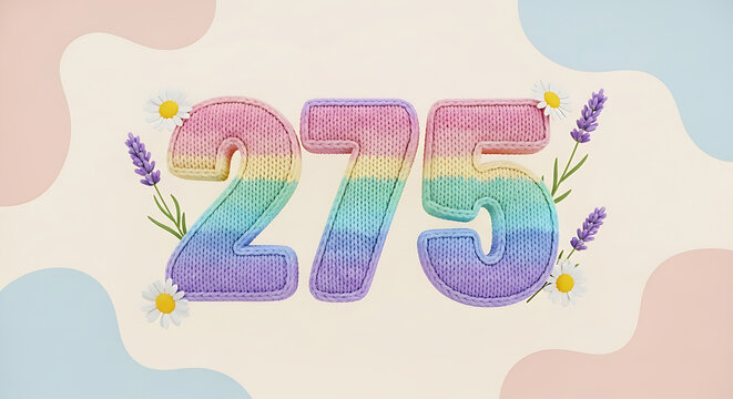 Cozy Knitted Numbers 275 with Lavender and Daisies in Pastel Rainbow Gradient