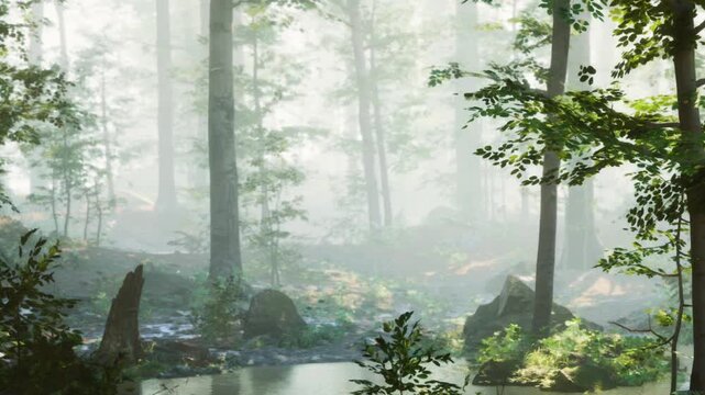 Trees stand tall in a quiet forest as mist rises from the ground in the early morning. Water reflects the faint light, creating a soft atmosphere amidst nature.