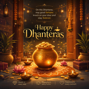 Happy dhanteras greeting card with golden pot filled with coins and traditional decorations gold coins wealth pot dhanteras festival diya lamps lotus flowers indian festival hindu festival