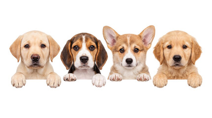 Four adorable puppies of different breeds peeking over a white border png on isolated transparent background