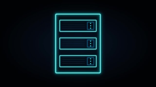 Neon server rack icon animation: digital data center and cloud computing concept