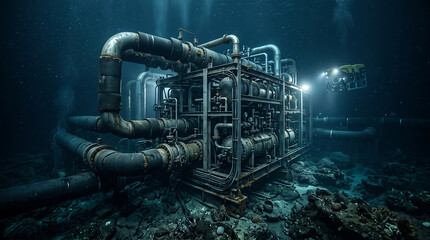 Naklejka premium Subsea Thermal Energy Conversion Plant and Pipeline Machinery Operating on Ocean Floor Deep Sea Industrial Station Monitored by Robotic Underwater Drone