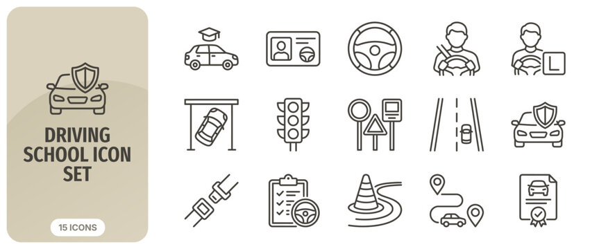 Driving school icon set, thin line style, vector illustration for driver education, traffic rules, and road safety concepts