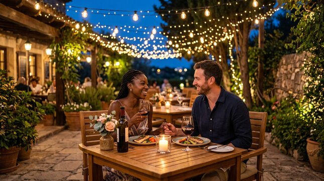 Romantic Couple Enjoying Dinner Outdoors Under String Lights at a Restaurant
